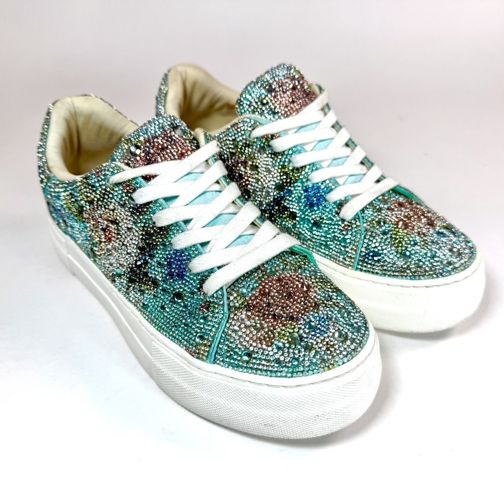 Betsey Johnson Sidny Rhinestone Platform Sneakers Womens 8 Blue Sparkle